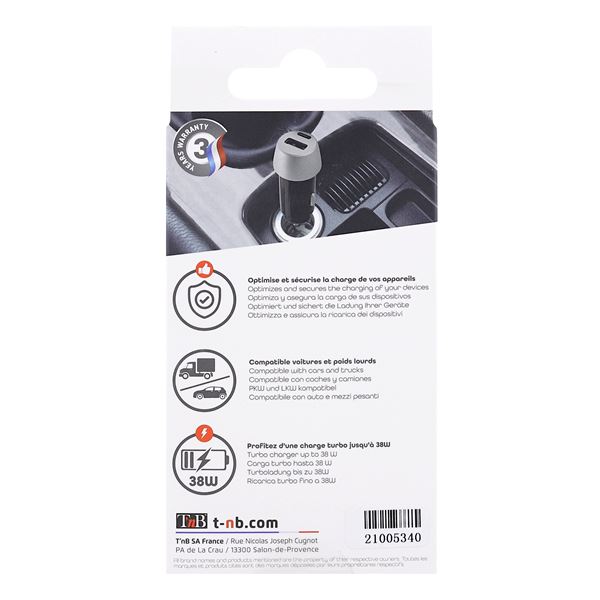 Chargeur Allume-cigare 1 USB-A, 1 USB-C et QC T'nB