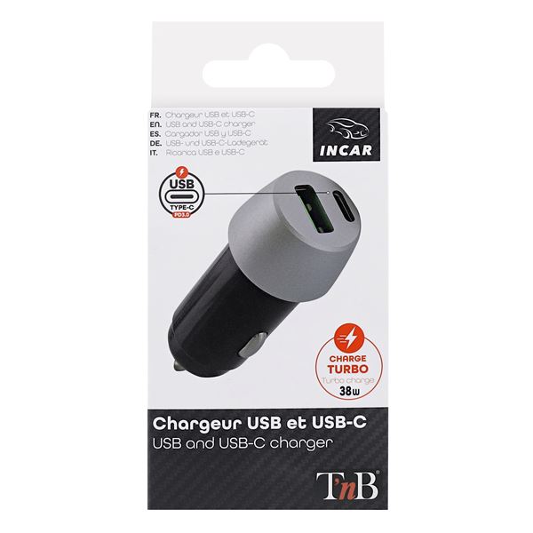 Chargeur Allume-cigare 1 USB-A, 1 USB-C et QC T'nB