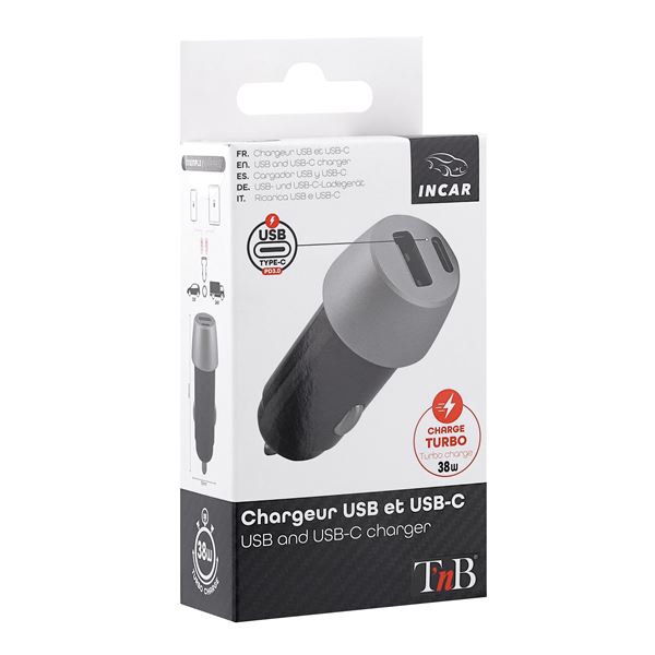 Chargeur Allume-cigare 1 USB-A, 1 USB-C et QC T'nB