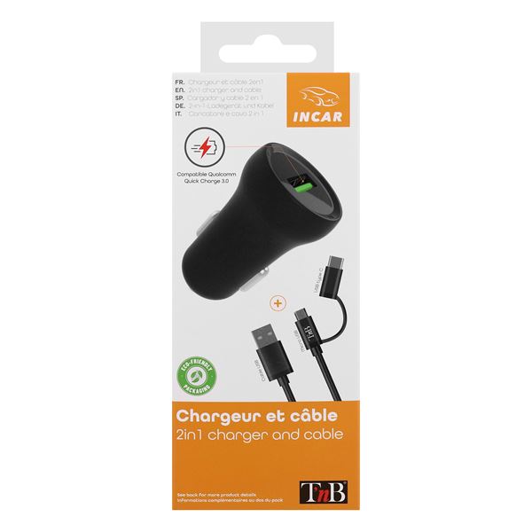 Chargeur allume-cigare et câble 2 en 1 micro USB / USB-C TNB