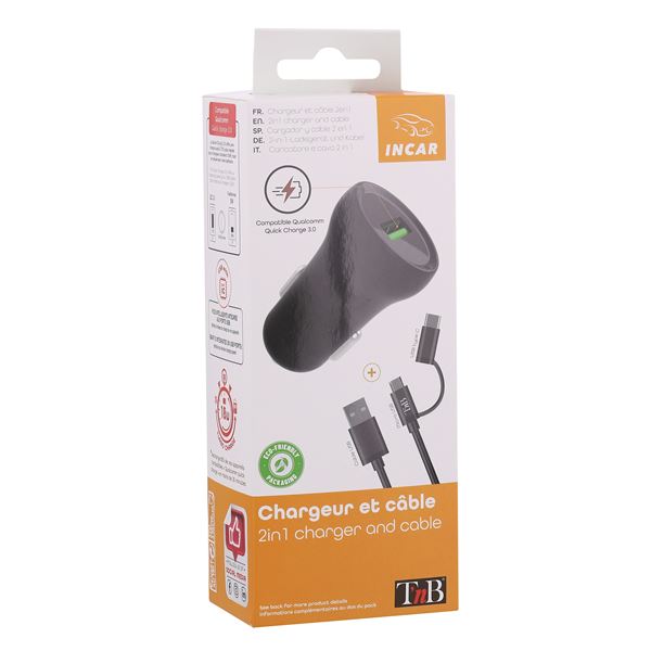 Chargeur allume-cigare et câble 2 en 1 micro USB / USB-C TNB
