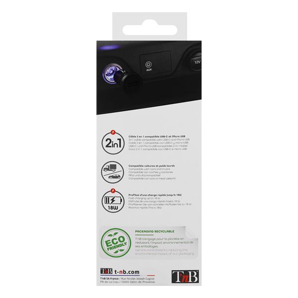 Chargeur allume-cigare et câble 2 en 1 micro USB / USB-C TNB