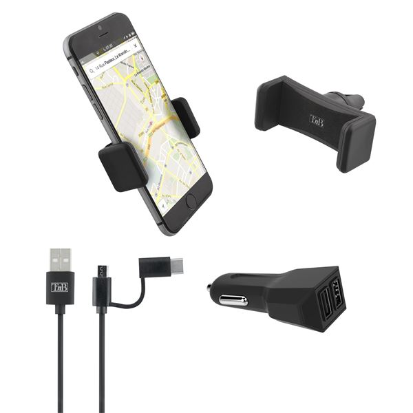 Pack voiture 3 en 1 chargeur allume-cigare 2XUSB-A 20W + support grille d'aération + câble USB-C & micro-USB