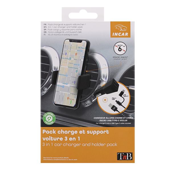 Pack voiture 3 en 1 chargeur allume-cigare 2XUSB-A 20W + support grille d'aération + câble USB-C & micro-USB