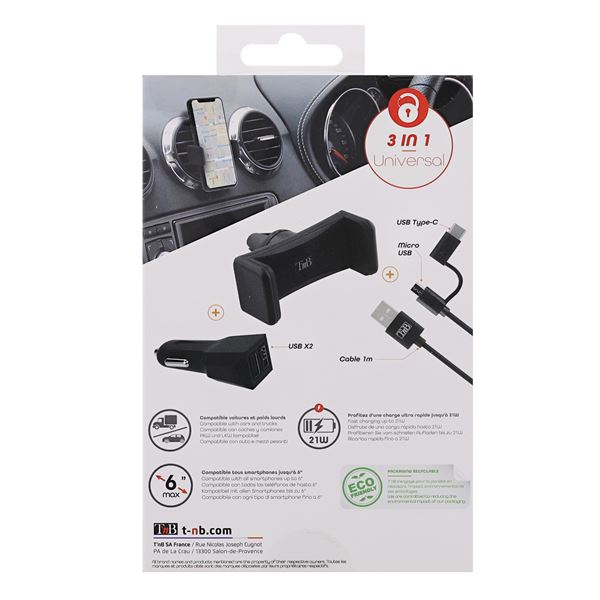 Pack voiture 3 en 1 chargeur allume-cigare 2XUSB-A 20W + support grille d'aération + câble USB-C & micro-USB