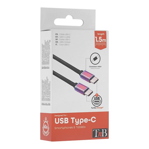 Câble USB-C/USB-C 1.5m nylon connecteur métal - noir