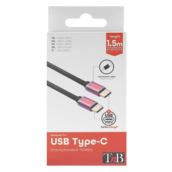 Câble USB-C/USB-C 1.5m nylon connecteur métal - noir