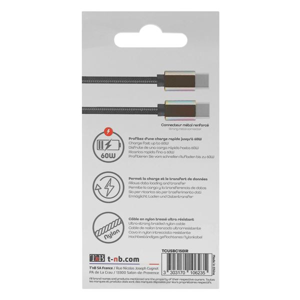 Câble USB-C/USB-C 1.5m nylon connecteur métal - noir