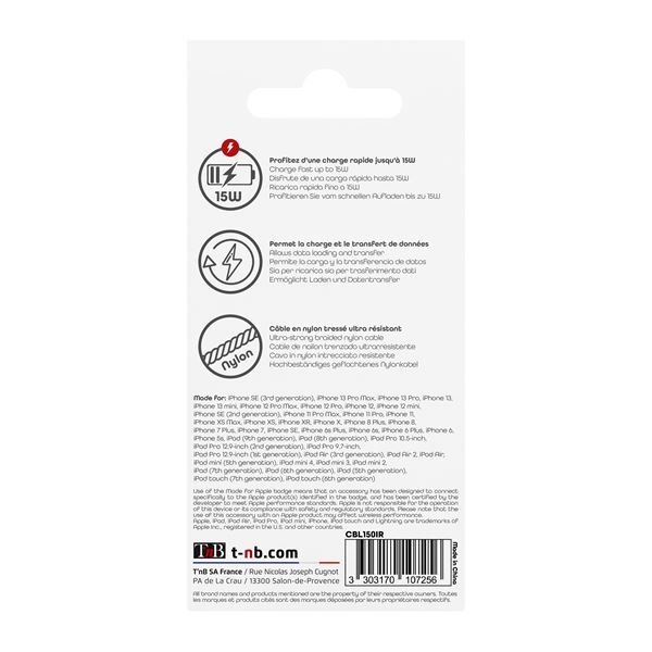 Câble USB/Lightning 1.50m nylon TNB