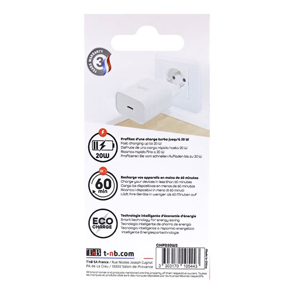 Chargeur secteur USB-C Power Delivery 20W - blanc