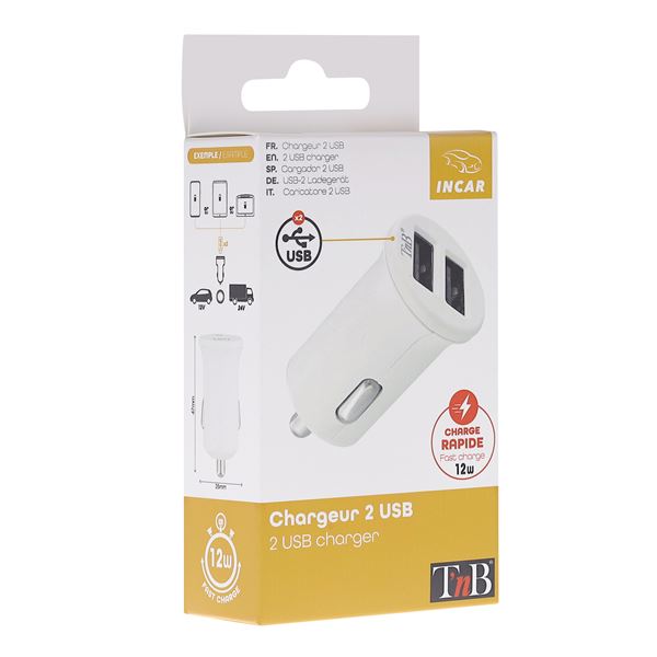Chargeur allume-cigares double USB 2.4A - blanc TNB