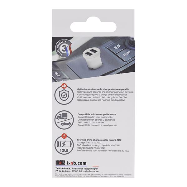 Chargeur allume-cigares double USB 2.4A - blanc TNB