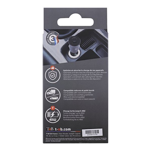 Chargeur allume-cigares 2 USB-C 40W T'nB