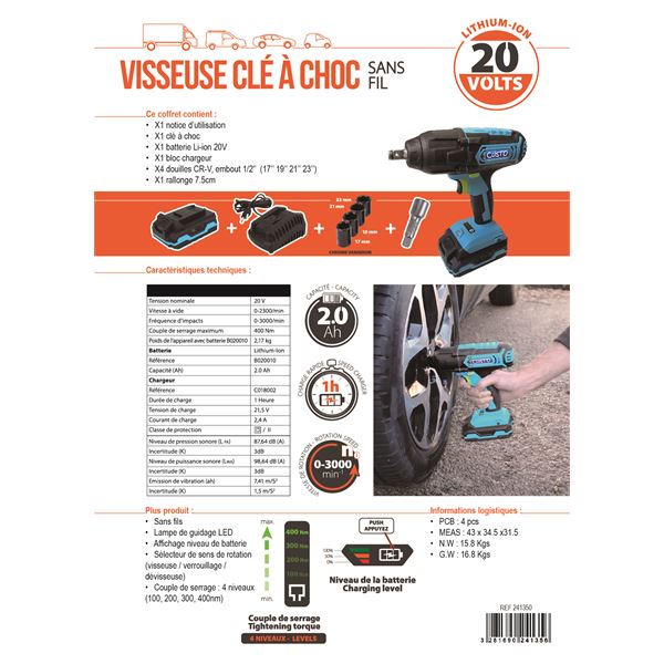 Clé à choc sans fil 20V Custo Auto