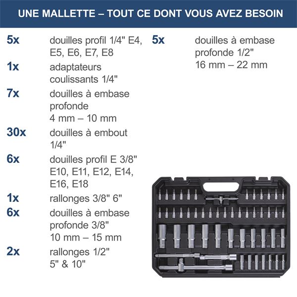 Coffret clé à douilles et embouts 180 pièces Scheppach