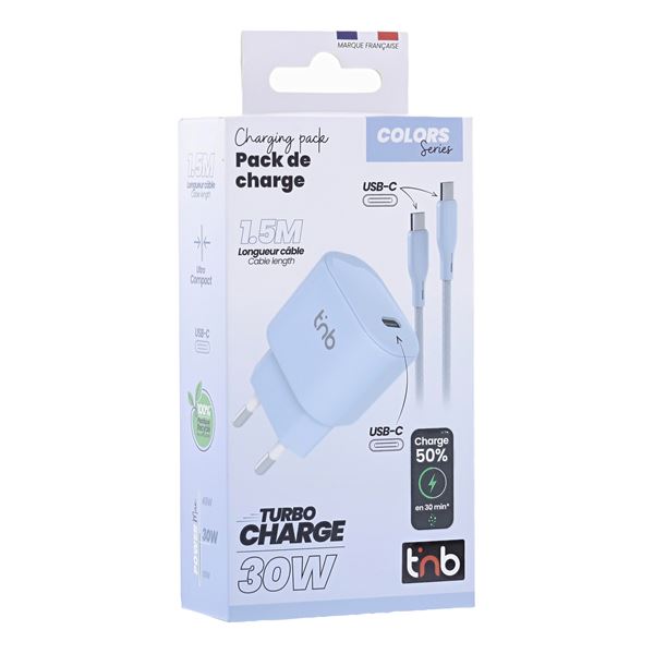 Pack de charge adaptateur + câble USB-C charge rapide PD 30W bleu