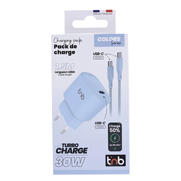 Pack de charge adaptateur + câble USB-C charge rapide PD 30W bleu