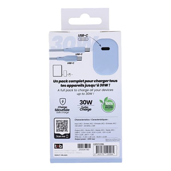 Pack de charge adaptateur + câble USB-C charge rapide PD 30W bleu