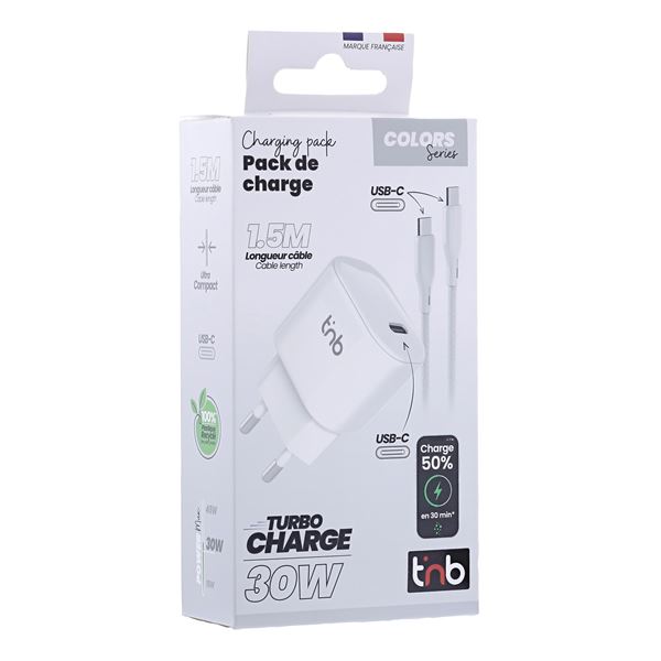 Pack de charge adaptateur + câble USB-C charge rapide PD 30W blanc