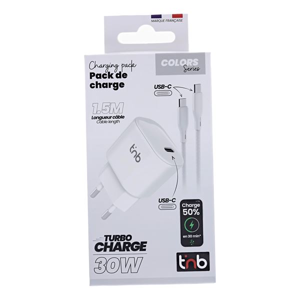 Pack de charge adaptateur + câble USB-C charge rapide PD 30W blanc