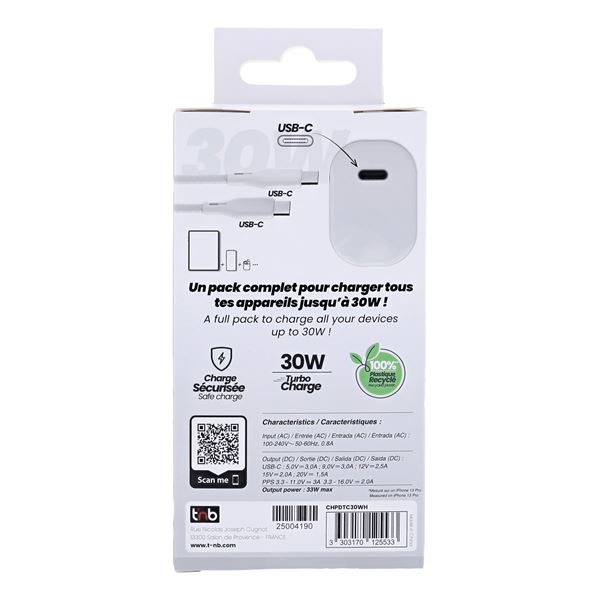Pack de charge adaptateur + câble USB-C charge rapide PD 30W blanc