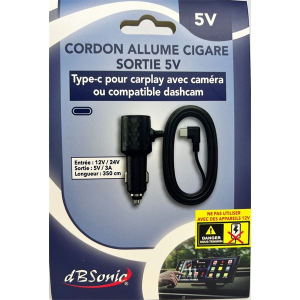 Cordon allume cigare 5V Type C pour écran CarPlay et Android Auto
