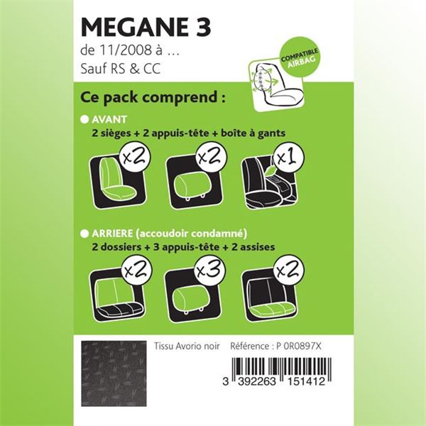 Housse Prémium pour MEGANE 3 de 11/2008 à 12/2015, tissu Avorio