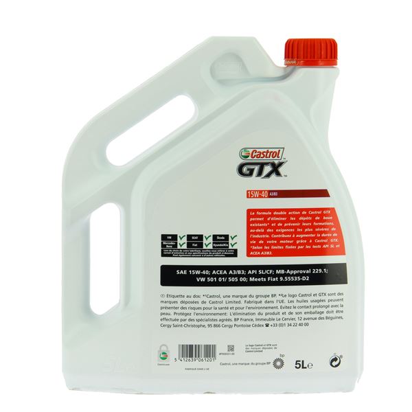 Huile moteur CASTROL GTX A3/B3 Essence/Diesel 15W40 5L