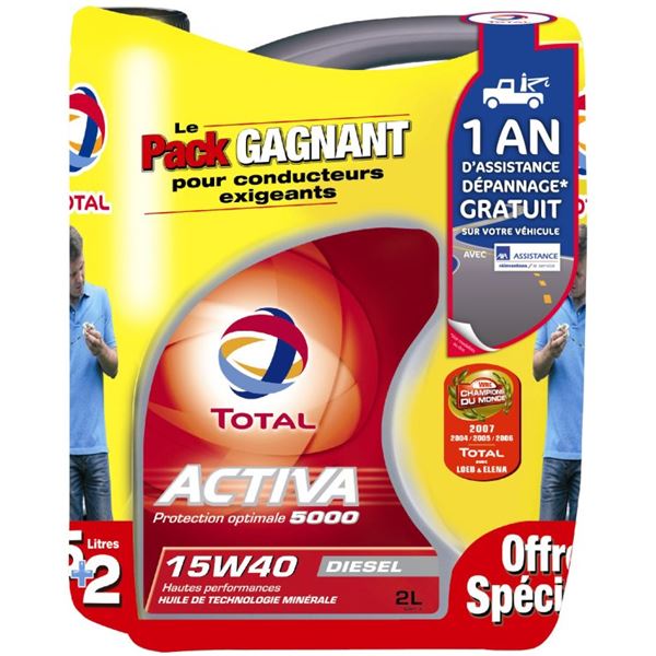 Huile Total Activa 5000 E15W40 5L + 2 L + 1 an d'assistance dépannage