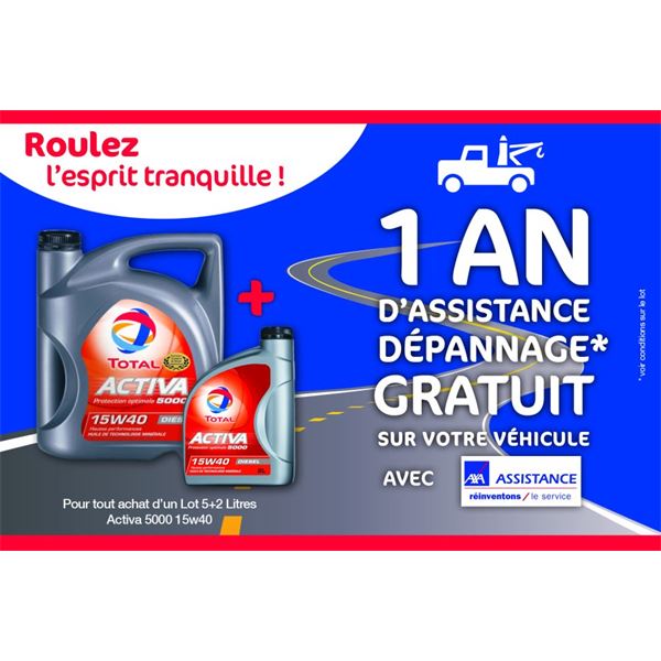 Huile Total Activa 5000 E15W40 5L + 2 L + 1 an d'assistance dépannage